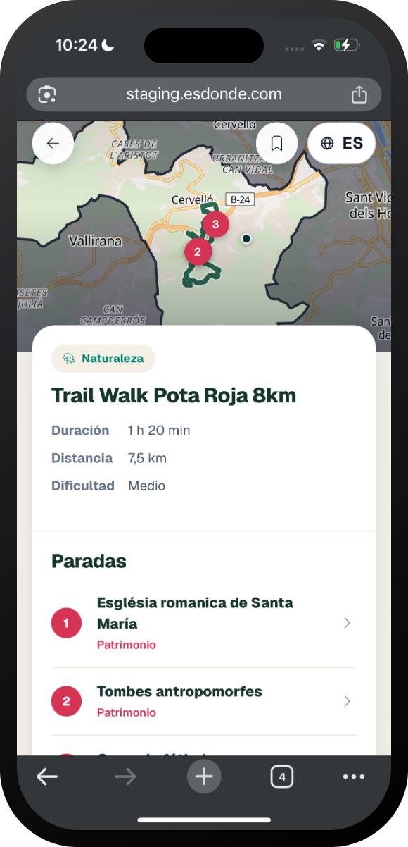 Detalle de ruta con paradas en el mapa de Esdonde